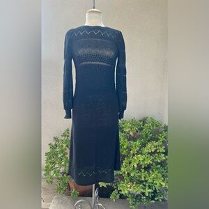 Vintage 70s black knit midi dress sheer Sz S petites by MS II . Made in Taiwan